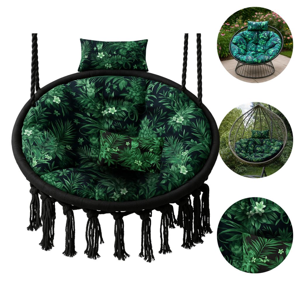 Hängesessel Kissen, Polster für Polyrattan / Rattan Hängeschaukel, Rund Hängekorb kissen, Rückenkissen – XXL 110 cm – grüne Blätter
