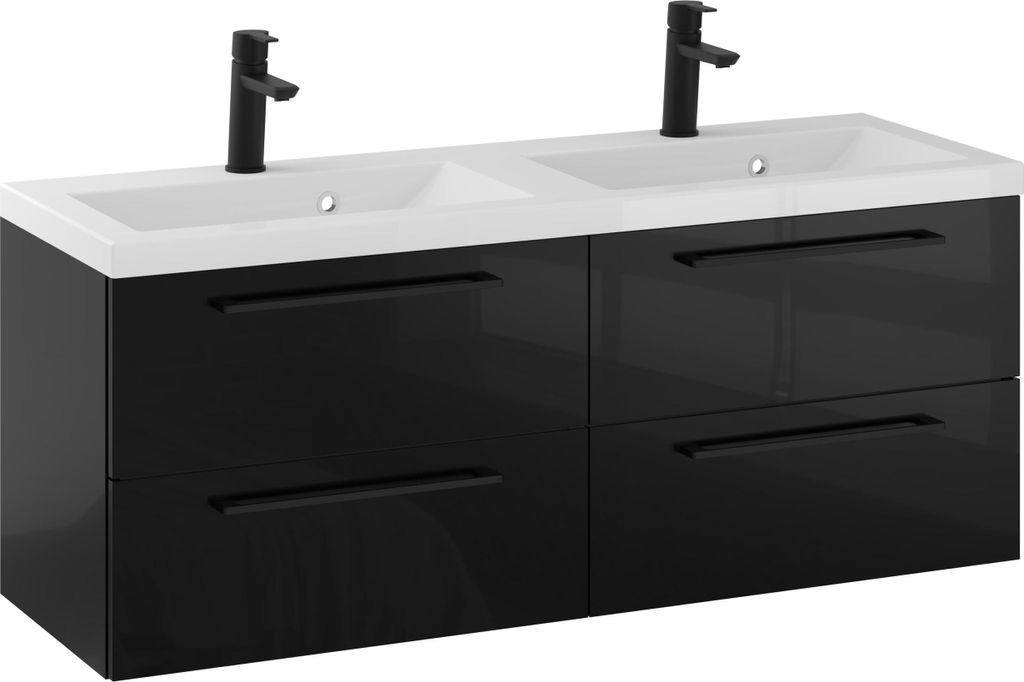 Rosen 120 cm DUOBadezimmerschrank in Schwarz Hochglanz mit Waschbecken und Schwarz Griffen - Zeitloses Design für ein elegantes Bad