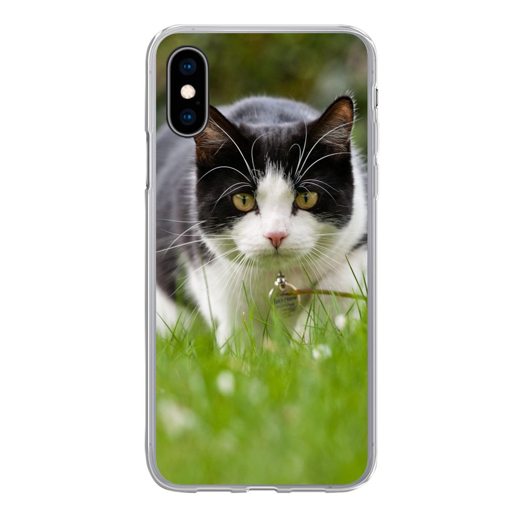 MuchoWow Handyhülle Schutzhülle Hülle für iPhone X Katze - Gras - Schwarz - Weiß - Mädchen - Kinder - Jungen - Kinder Silikon Softcase Hand...