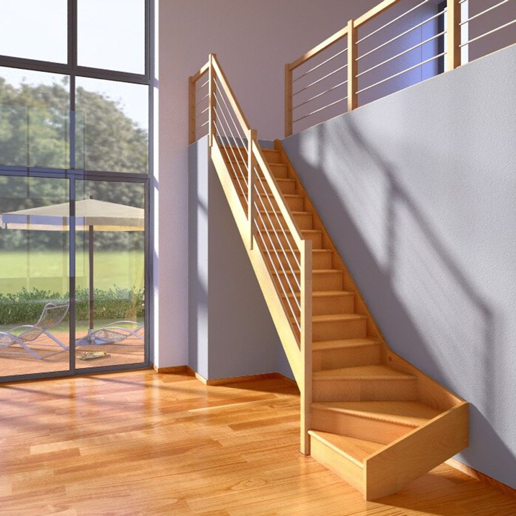 Dolle Raumspartreppe Paris mit Setzstufen Buche versiegelt Treppenlauf 1/4 gewendelt unten links Edelstahlrohre