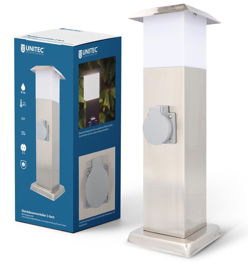 Edelstahlsäule mit 2 Steckdosen und Leuchte Produktbild 