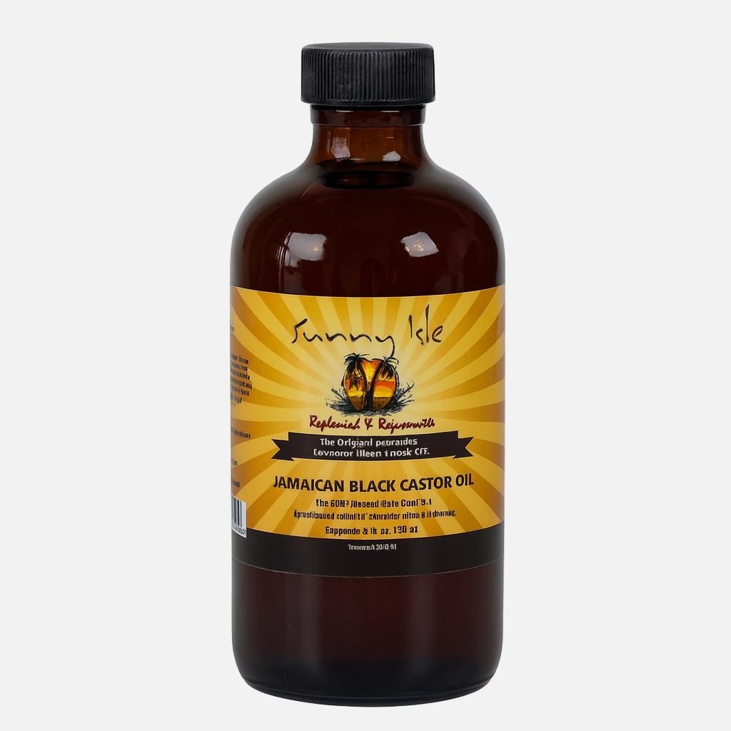 A bottle of Sunny Isle Jamaican Black Castor Oil against a light gray background.