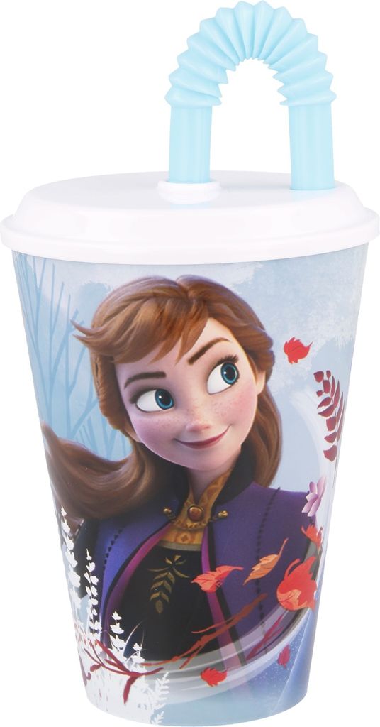 STOR Disney Frozen 430 ml Plastikbecher für Mädchen, BPA-frei, waschbar und wiederverwendbar, mit Strohhalm und Deckel.