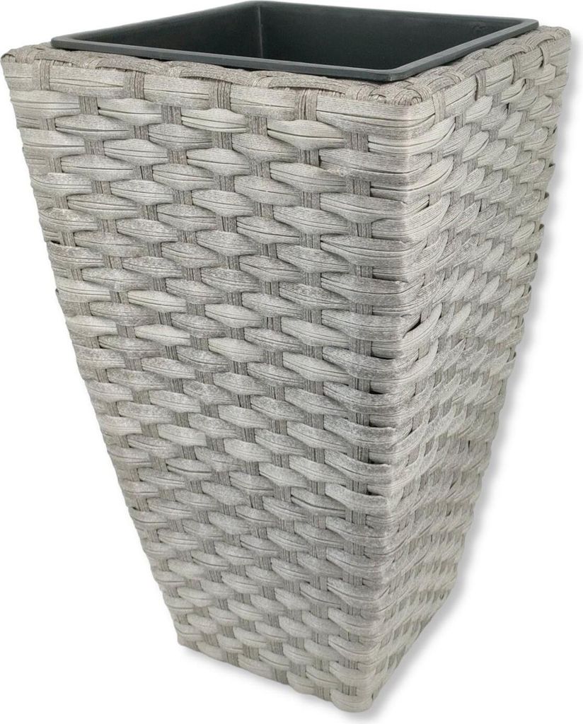 Poly-Rattan Blumentopf grau 30 x 51cm eckig hoch mit Einsatz schwarz Blumenkübel Übertopf Pflanz-Töpfe