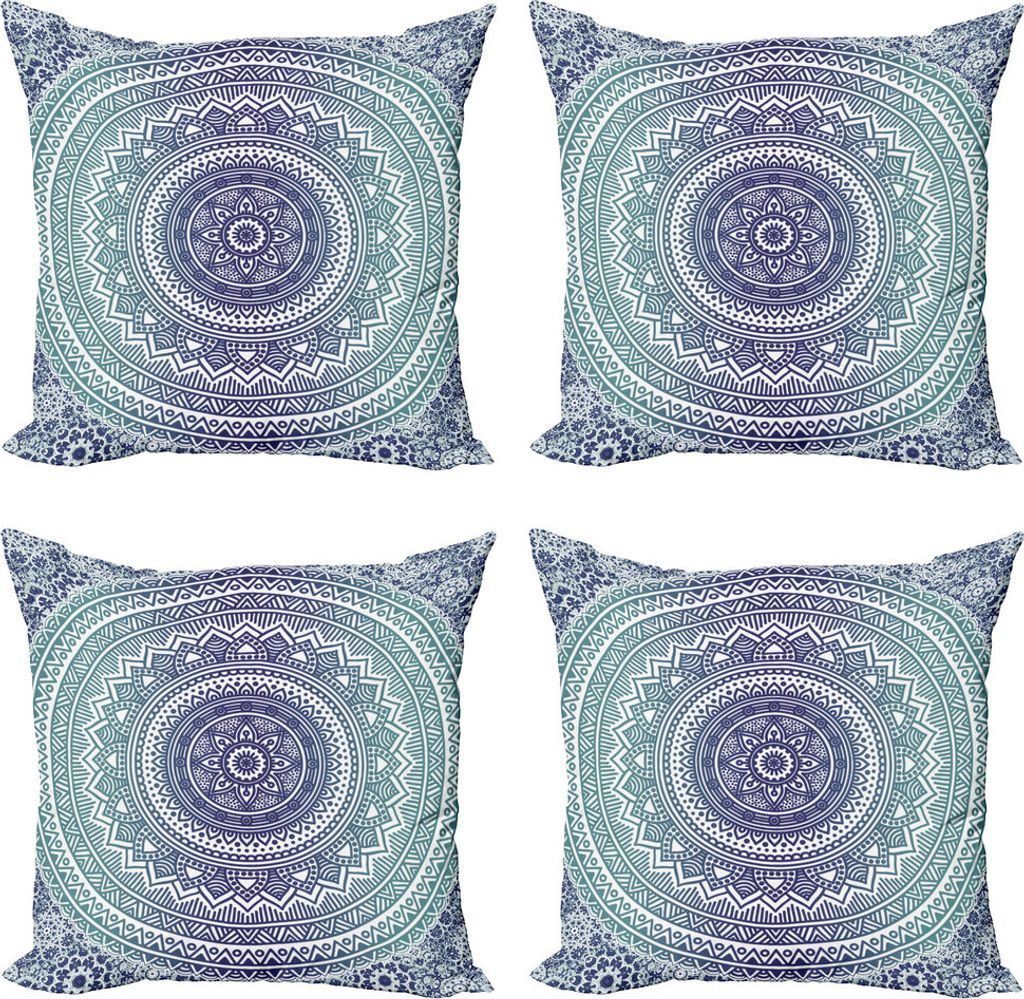 ABAKUHAUS Marine und Teal Kissenbezug Set (4 Stück), Ombre Boho, Moderner Doppelseitiger Digitaldruck, 50 cm x 50 cm, Dunkelblau Weiß