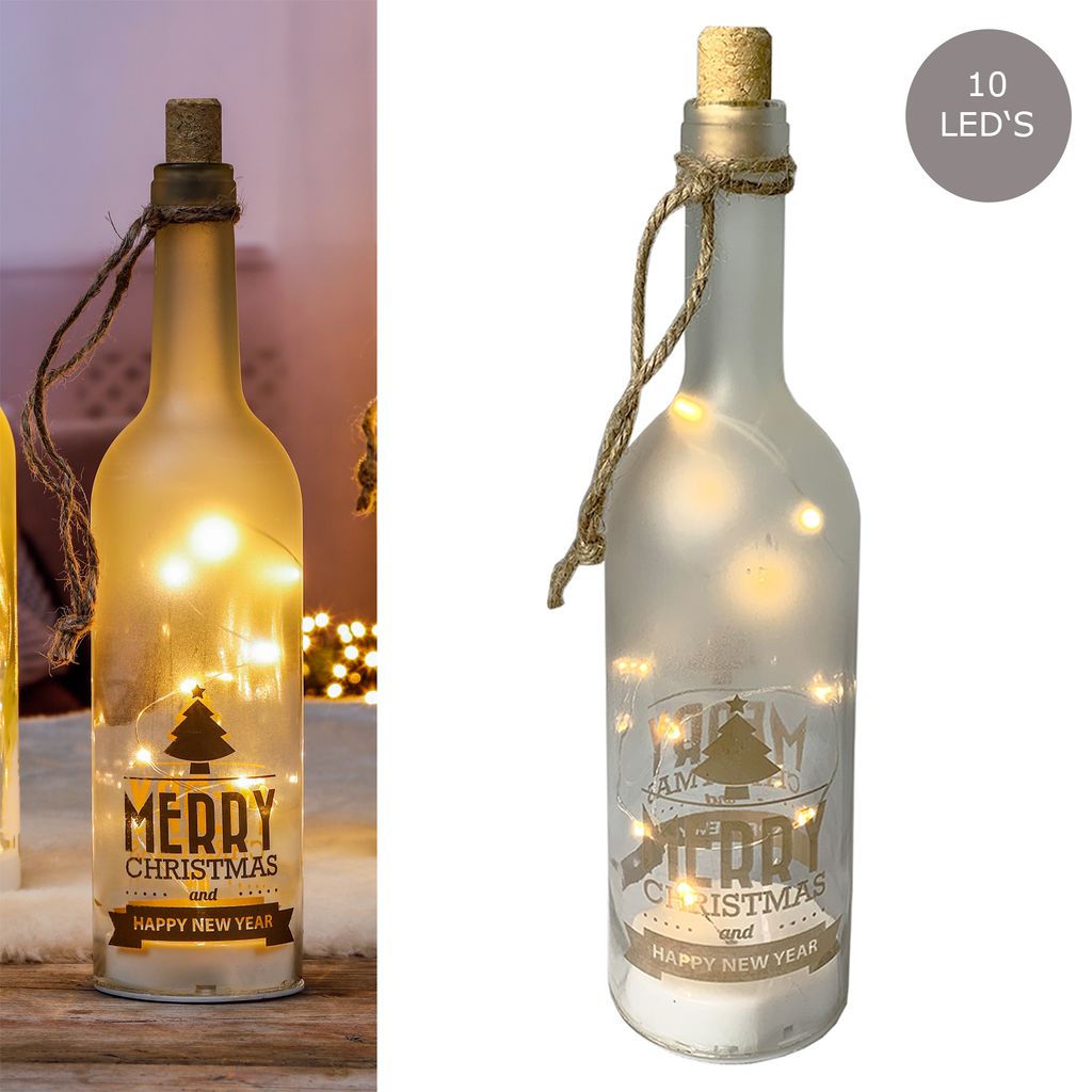 10 LED-Deko-Glas-Flasche Weihnachtsmotiv Merry Christmas Dekoflasche Weihnachten