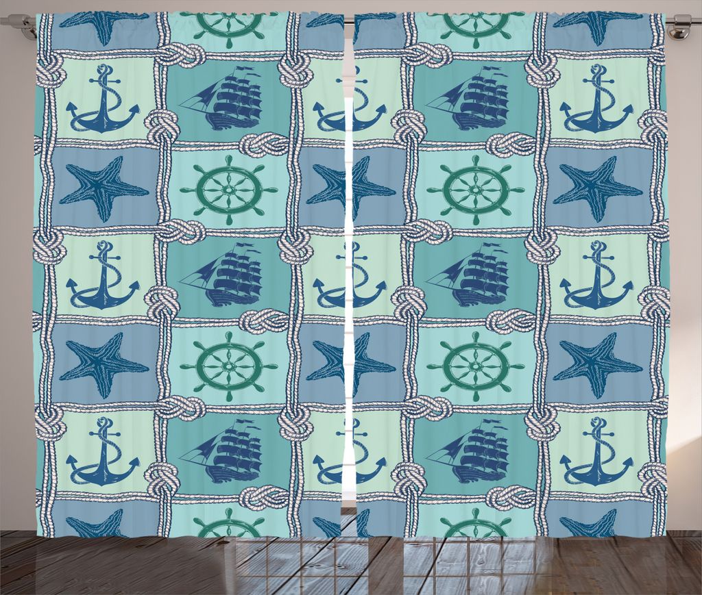 ABAKUHAUS Maritim Rustikaler Gardine, Schiffs-Rad-Türkis, Schlafzimmer Kräuselband Vorhang mit Schlaufen und Haken, 280 x 175 cm, Türkis Navy