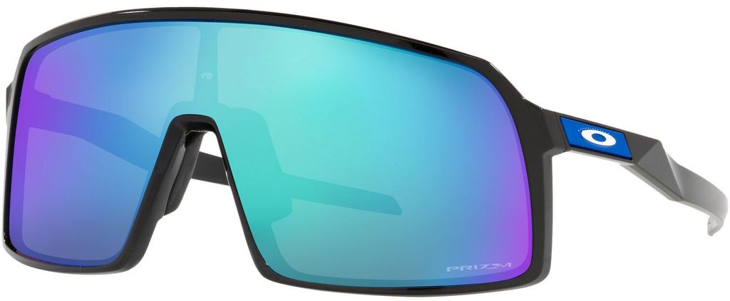 A pair of Oakley Sutro sunglasses with a black frame and a mirrored lens reflecting blue, green, and purple colors.