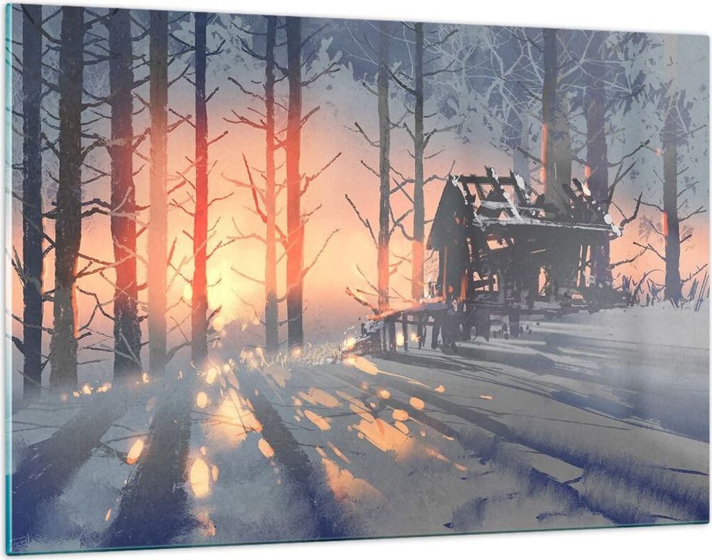 Bilder auf glas - Winter Wald Hütte - 120x80cm - Glasbilder - Wandbilder - Kunstdruck - zum Aufhängen bereit - Wanddekoration aus Glas - Glas Bil...