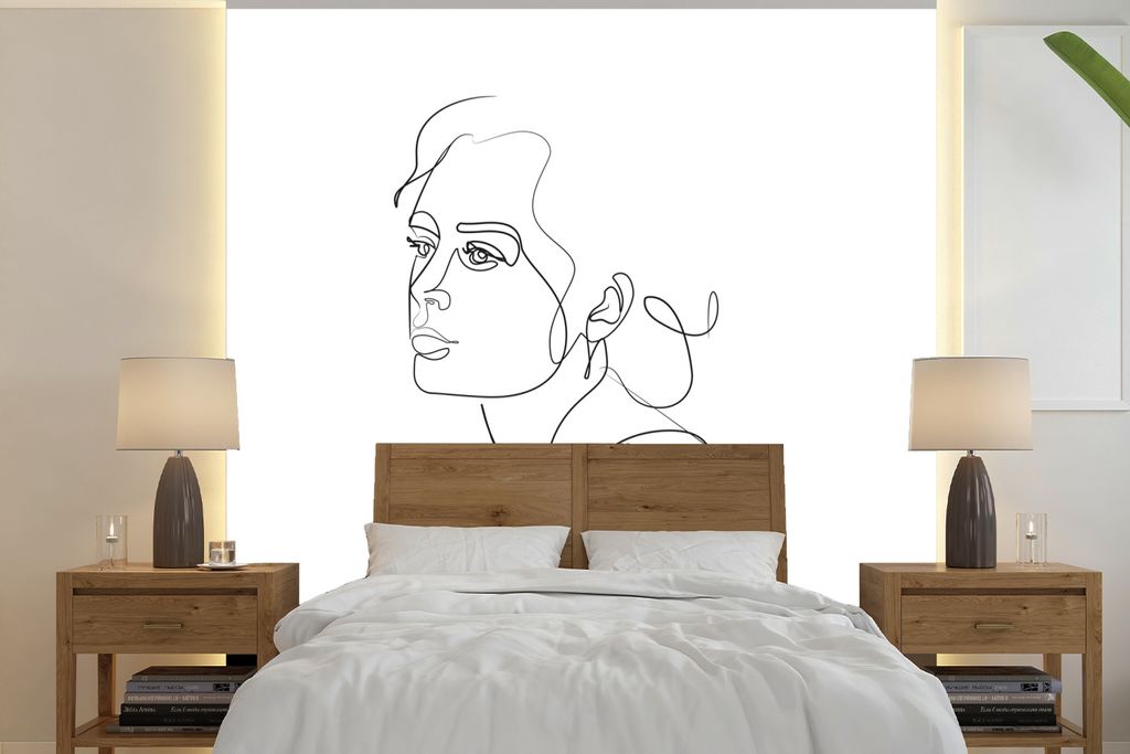 MuchoWow Fototapete für Wohnzimmer oder Schlafzimmer Wandtapete Vinyl Motivtapete Abstrakte Strichzeichnung eines Frauenporträts auf weißem Hi...