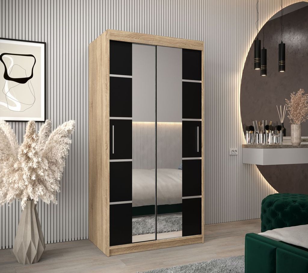 Schrank mit Spiegeln VIVIEN – Breite 100 cm, Eiche Sonoma / Schwarz