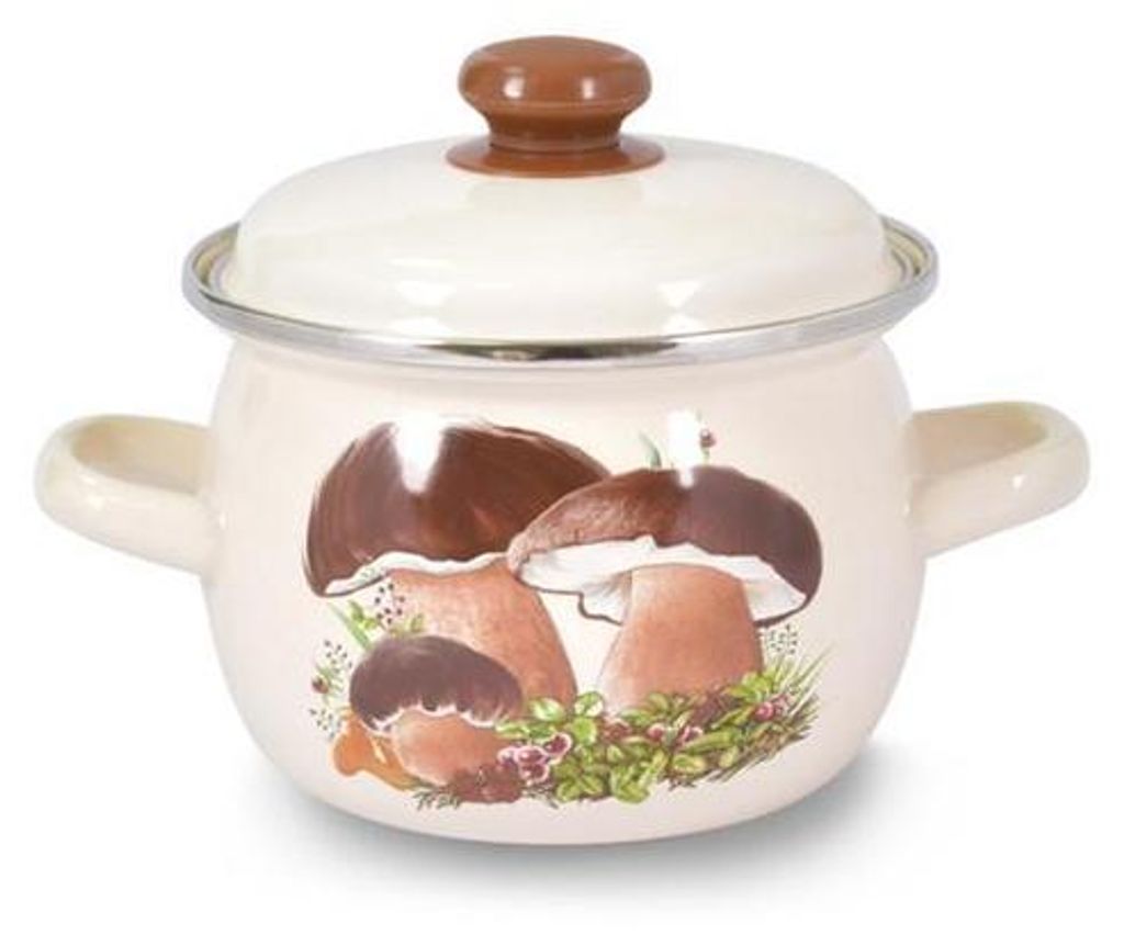 A cream-colored enamel pot with a lid, decorated with a mushroom motif.