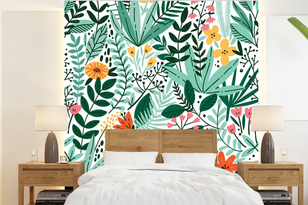 MuchoWow Fototapete für Wohnzimmer oder Schlafzimmer Wandtapete Vinyl Motivtapete Sommer - Flora - Muster - 220x240 cm - Wohnzimmer-Tapete
