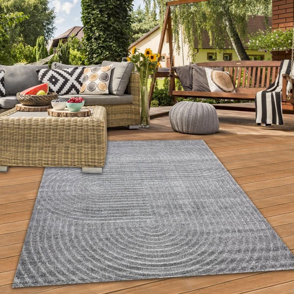 Moderner Outdoor Teppich wetterfest Terrasse Balkon Boho-Style hochwertig pflegeleicht Anthrazit Größe - 240 x 340 cm