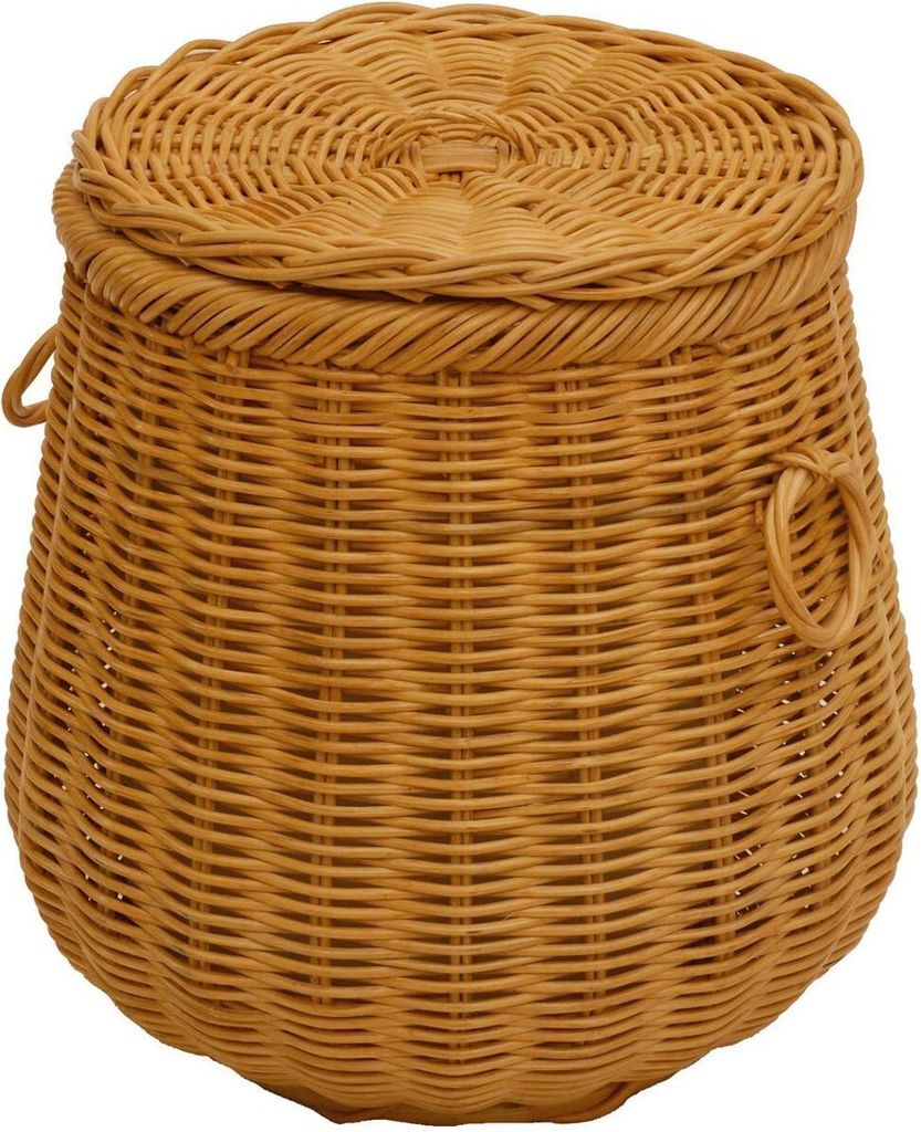 KRINES HOME Geräumiger Wäschekorb, große Wäschetonne bauchig aus echtem Rattan Ø 50cm (Honig)