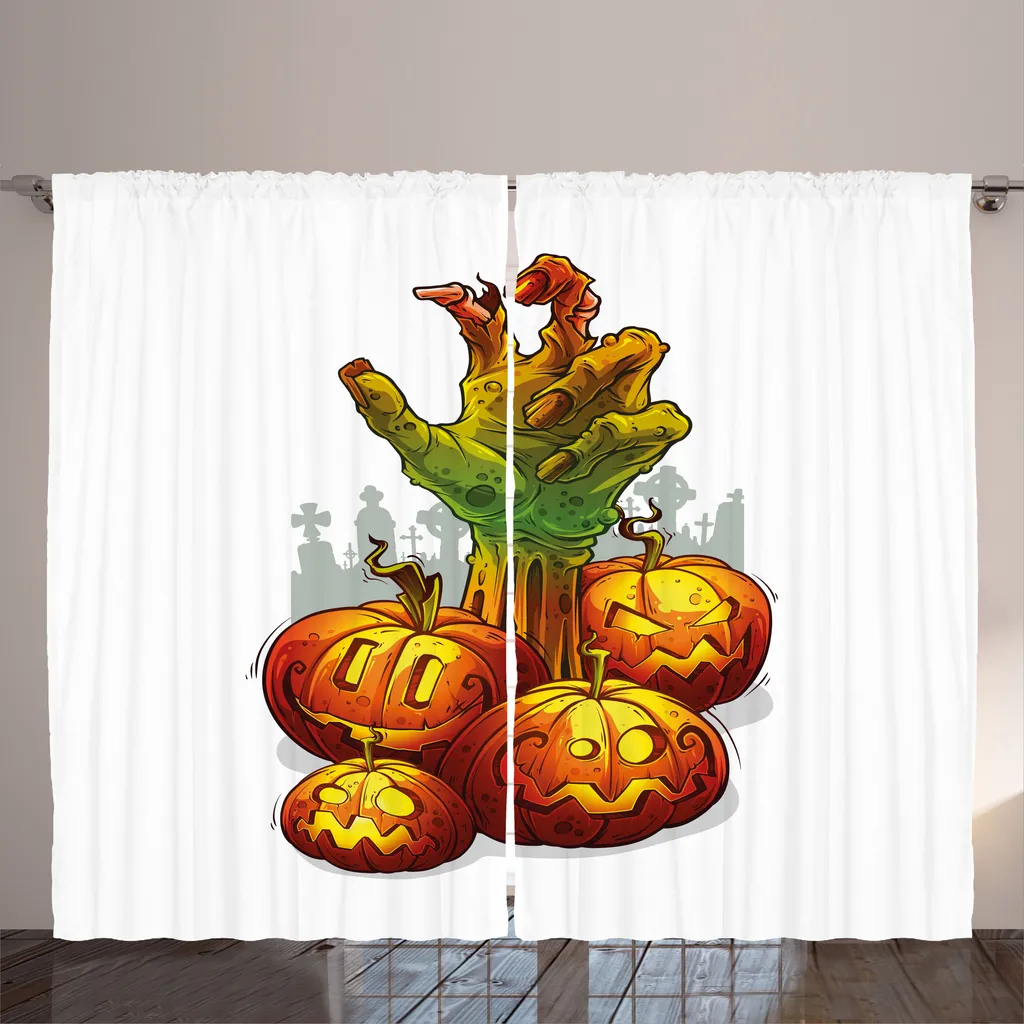 Rideaux de salon Halloween avec main de zombie et citrouilles 280cm