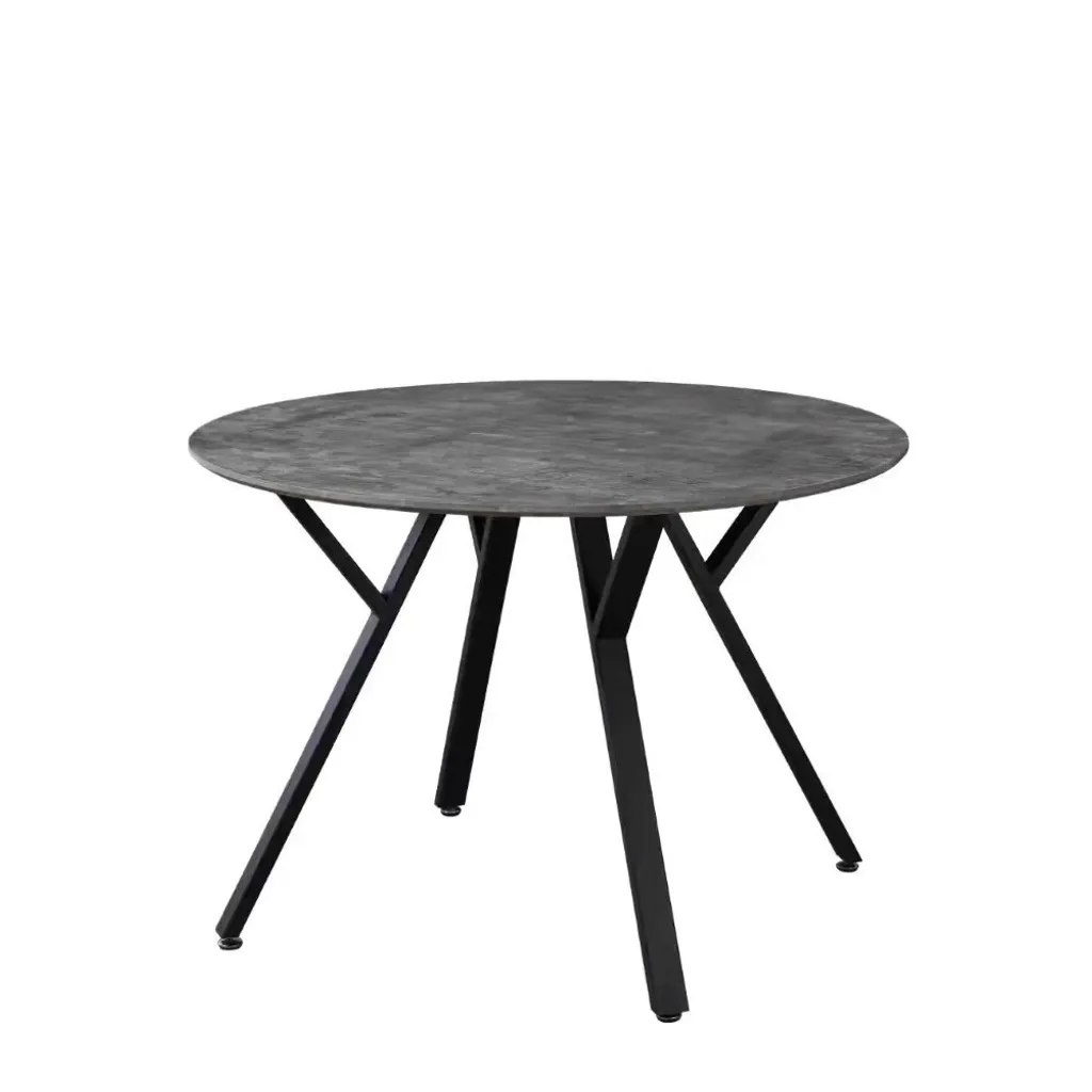 Table ronde SEVILA grise 110cm, plateau effet béton et pieds métal croisés