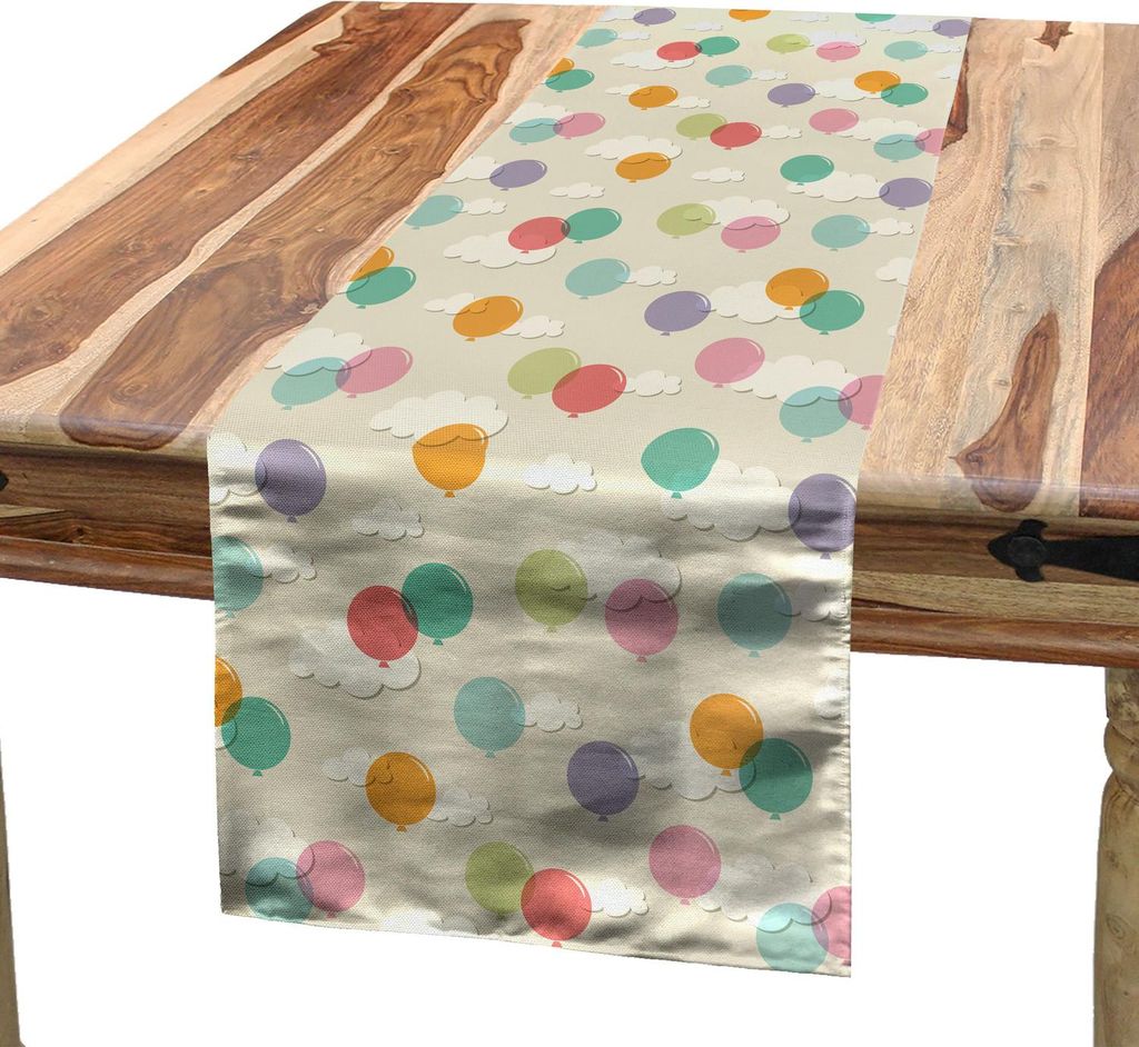 ABAKUHAUS Geburtstag Tischläufer, Pastell farbige Ballone, die über die flaumige Wolken-Partei für Kinder und Kinder fliegen, 40 x 180 cm, Mehrf...