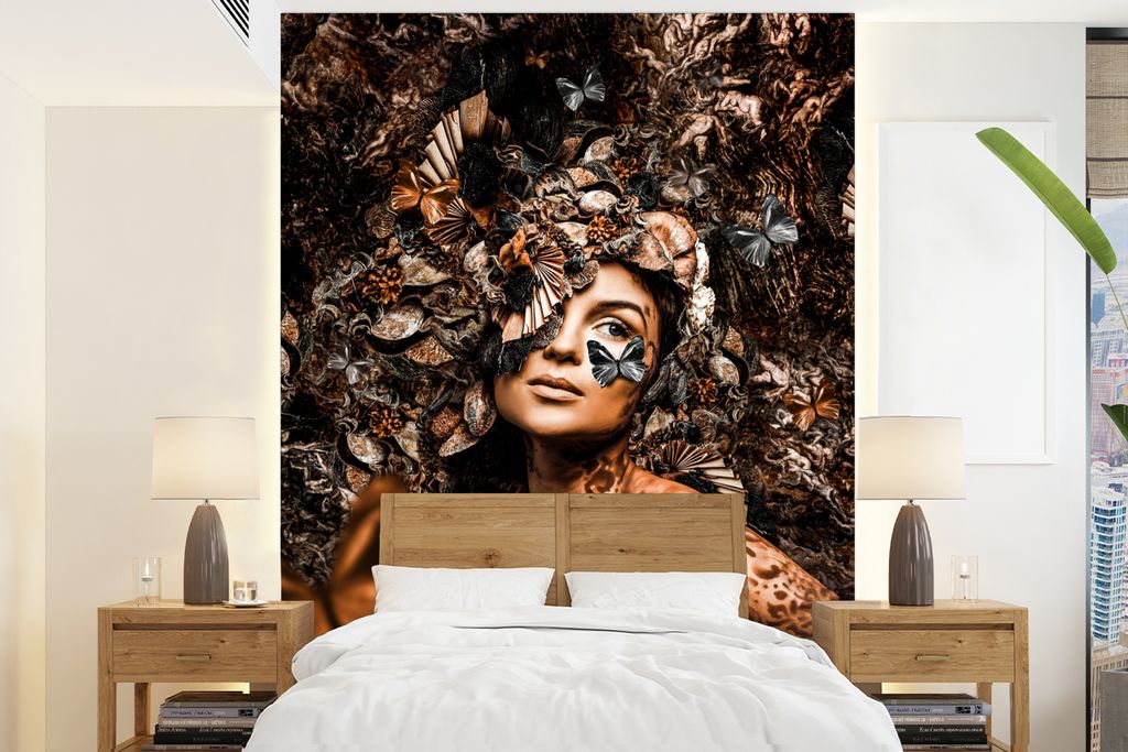 MuchoWow Fototapete für Wohnzimmer oder Schlafzimmer Wandtapete Vinyl Motivtapete Schmetterling - Frau - Luxus - 205x280 cm - Wandbild