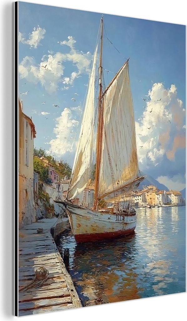 MuchoWow Wanddekoration Metall Metallbild Wandkunst 90x120 cm Segelschiff - Häuser - Kai - Meer MuchoWow Aluminium Gemälde - Industrial