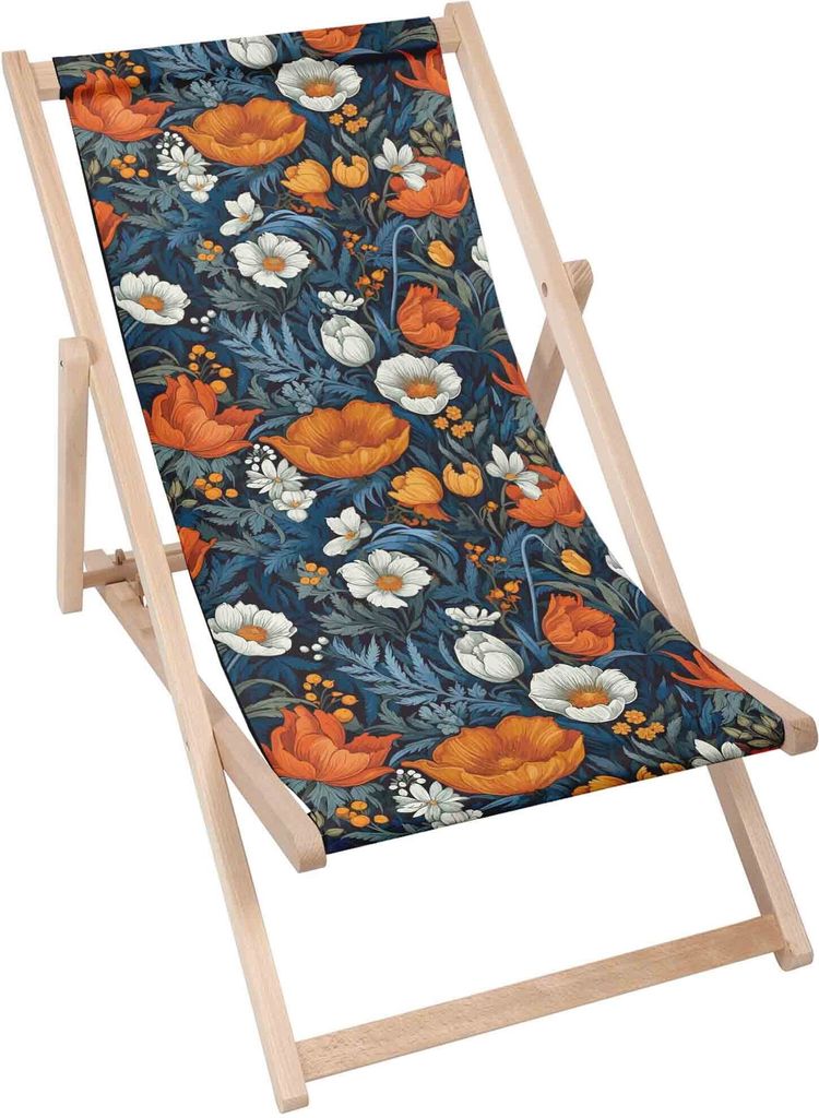 Dreamroots Liegestuhl klappbar Holz, Buchenholz bis zu 130 kg, Sonnenliege klappbar mit 3-stufiger Neigungsregulierung der Rückenlehne, Flower Bombs