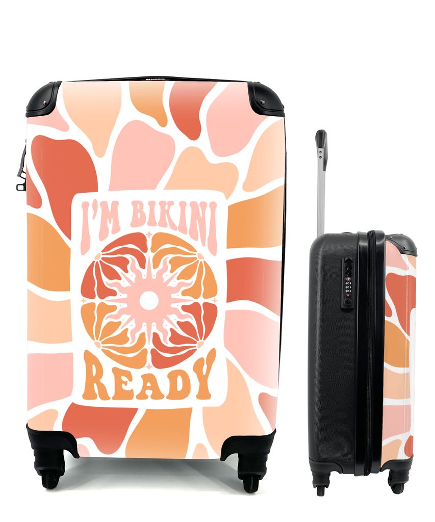 MuchoWow Koffer Handgepäck Trolley Rollkoffer Kleine Reisekoffer mit 4 Rollen - Zitat - Ich bin bereit für den Bikini - Rot - Orange - Cabin Si...