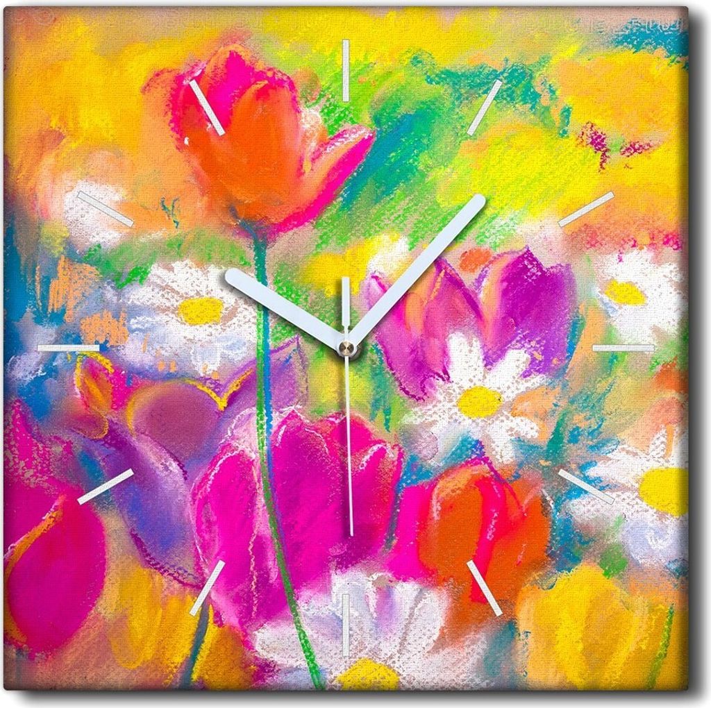 Coloray Uhr auf Leinwand 30x30 cm Wand Uhr Dekoration Wohnzimmer Segeltuch weiße Zeiger -Blumen. Pastelle. Kunst