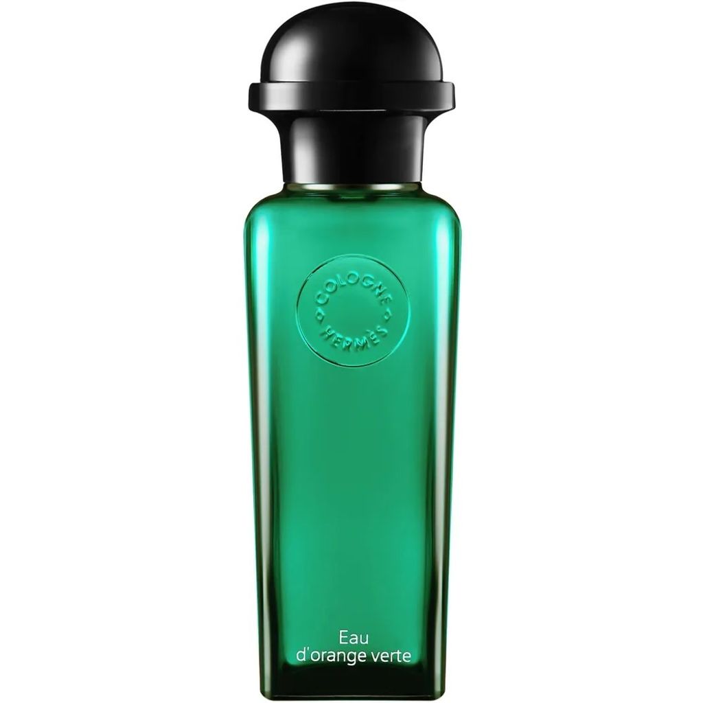 A product shot of a green glass bottle of cologne with a black cap.