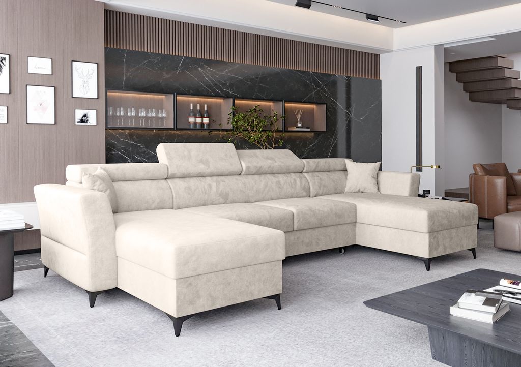 AX LIVING Ecksofa klein mit Schlaffunktion Ribella 345 cm Creme U-Form