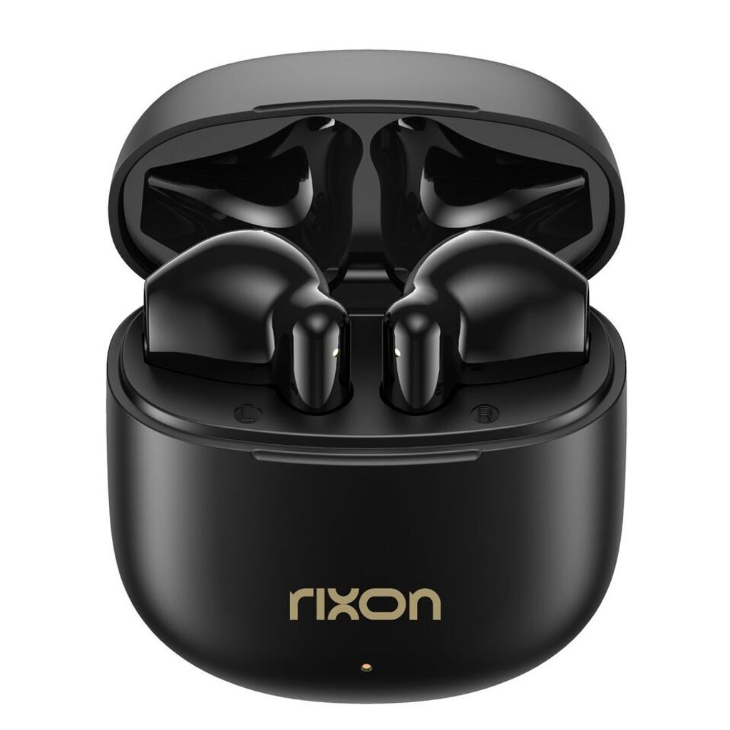 A pair of black wireless earbuds in their charging case, with the lid open.