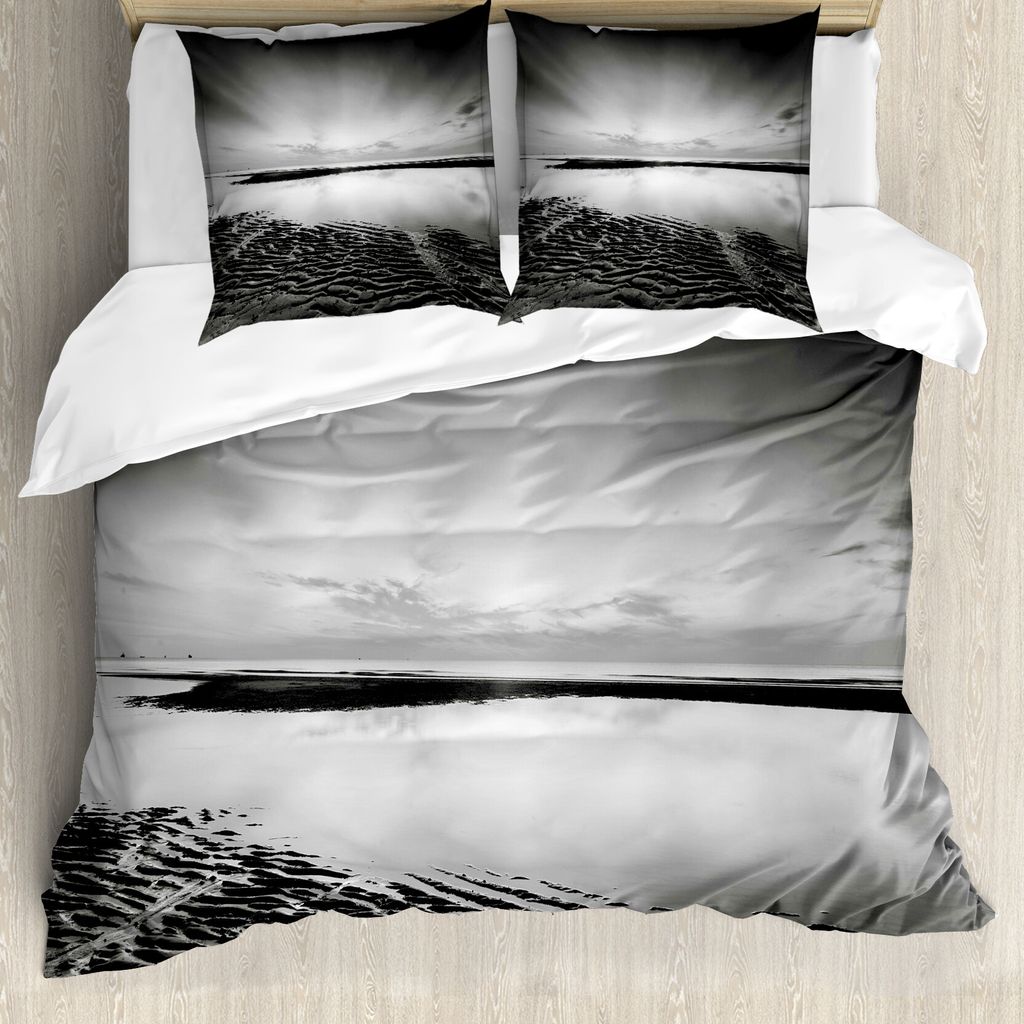 ABAKUHAUS Schwarz und weiß Bettbezug, idyllische Sonnenaufgang, Milbensicher Allergiker geeignet mit Kissenbezügen, 155 cm x 220 cm - 80 x 80 cm,...