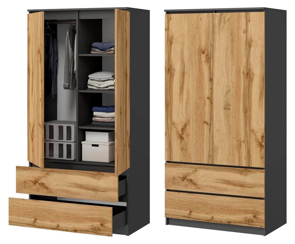 Großer Kleiderschrank mit 2 Türen, 2 Schubladen, 4 Einlegeböden und Kleiderständer, Mehrzweckschrank 180x90x50,5cm (Grafit/Eiche Wotan)