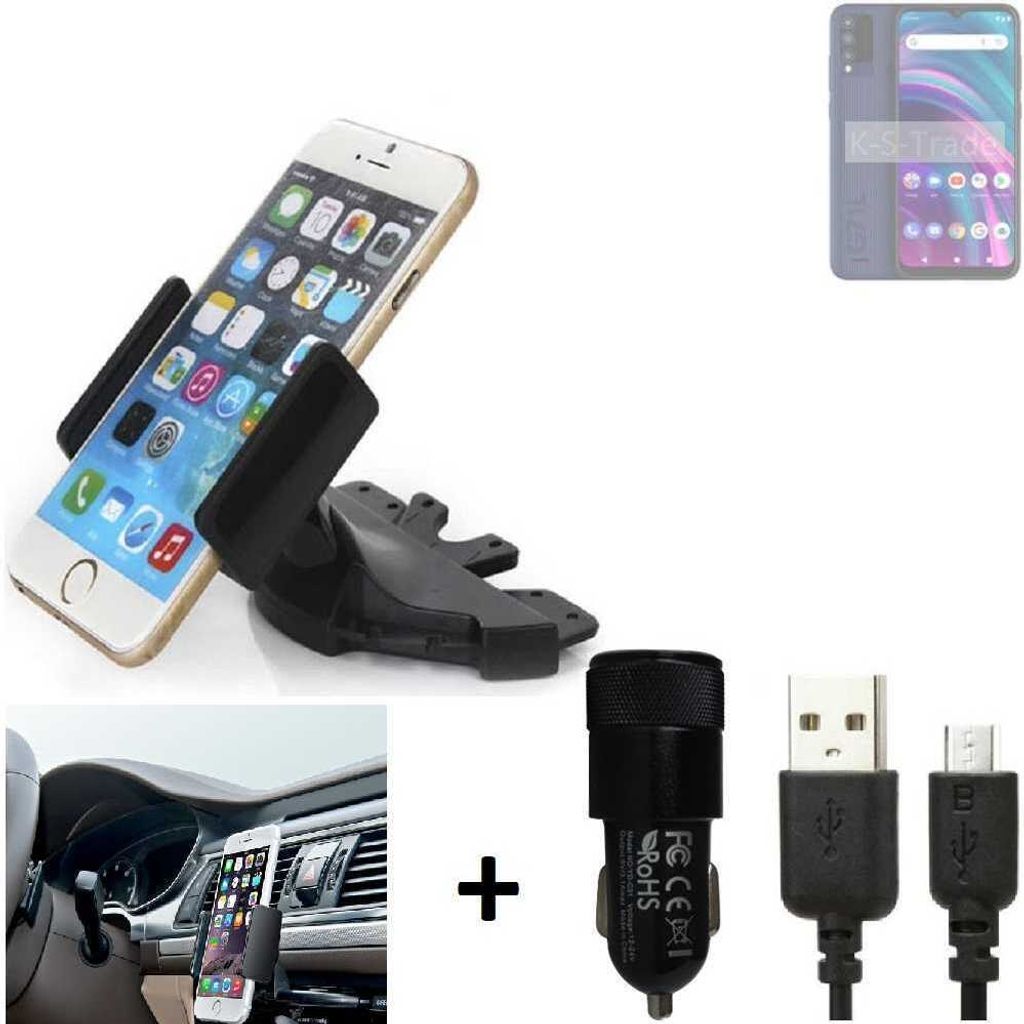 TOP SET K-S-Trade Autohalterung kompatibel mit BLU G71L CD Schlitz Halterung KFZ-Halter Radio Handy Halterung 360° drehbar DVD-Schacht inkl. Micro