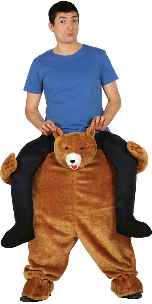 A person wearing a novelty 'huckepack' or 'piggyback' costume of a brown bear.