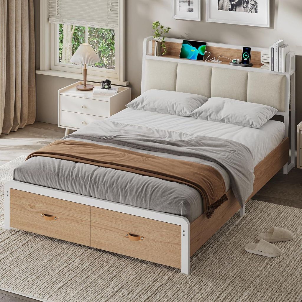 KIMENICH Bett 140x190 cm, Metallbett Bettgestell mit Ladestation und 2 Schubladen, Weiß + Natur