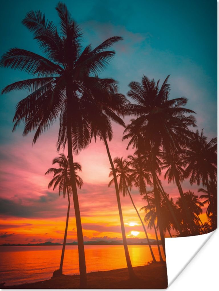 MuchoWow Poster Meer - Palme - Sonnenuntergang - Strand - Silhouette 30x40 cm - Wandplakat - Poster Kinderzimmer