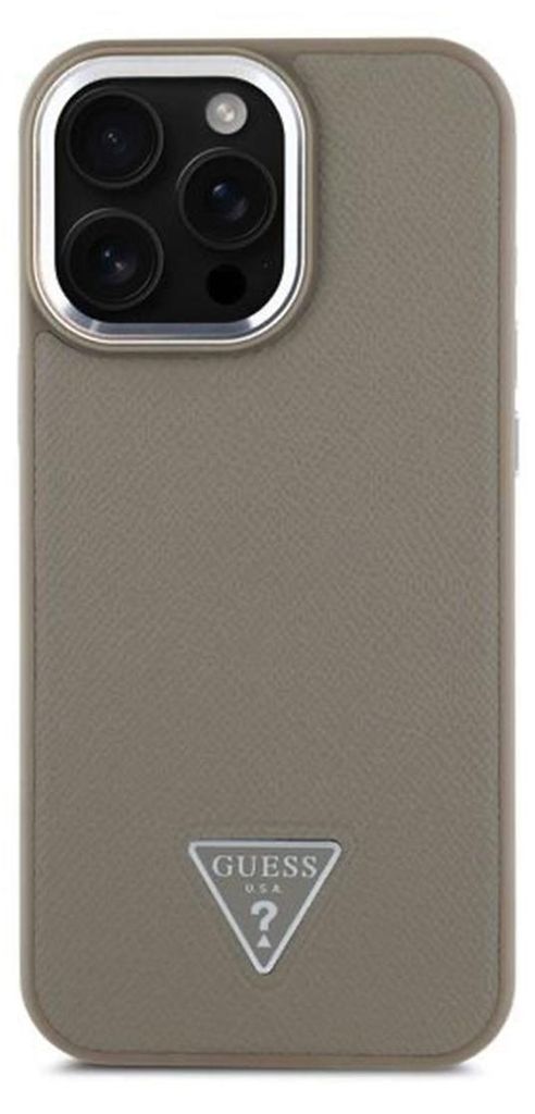 A close-up view of a brown phone case with a silver Guess logo.