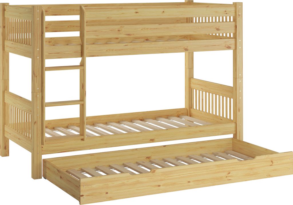 Kinderstockbett aus Massivholz mit wählbarem Zubehör, Liegefläche 90x200 V-60.12-09Ni70Rollrost und Gästebettkasten inkl.