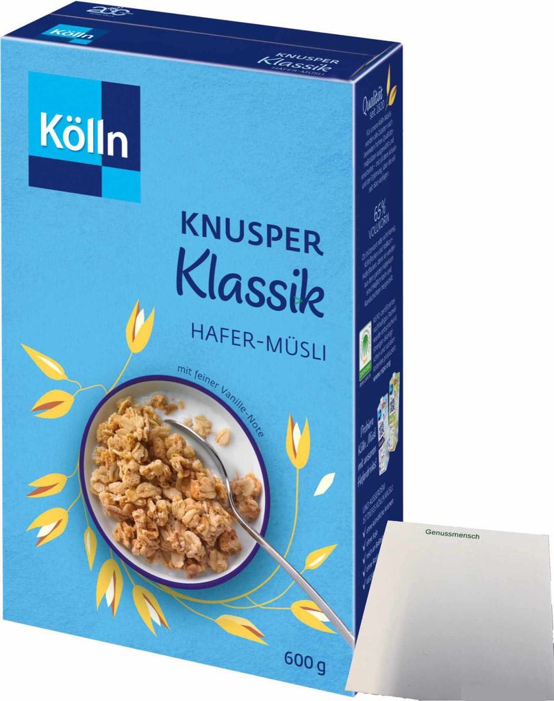 Kölln Knusper Müsli Klassik mit Hafer-Vollkornflocken und feiner Vanille-Note (1x600g Packung) + usy Block