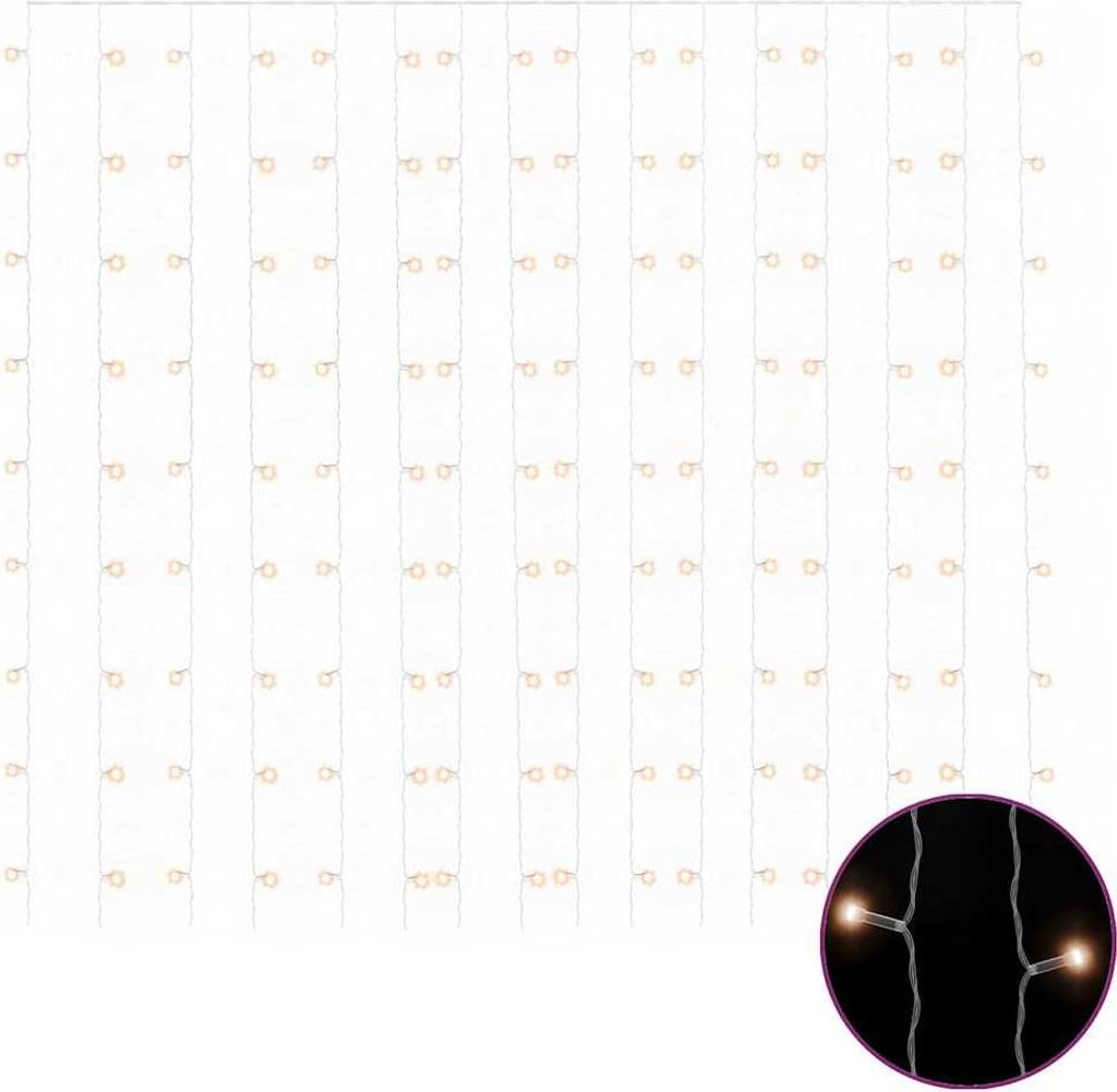 A grid of LED lights on white strings against a white background, with a close-up inset showing two illuminated bulbs.
