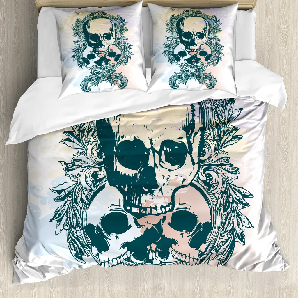 ABAKUHAUS Copripiumino con teschi, Scary deadly rocker trio, antiacaro, adatto a chi soffre di allergie, con federe, 200 cm x 200 cm - 80 x 80 cm, giallo pallido smeraldo