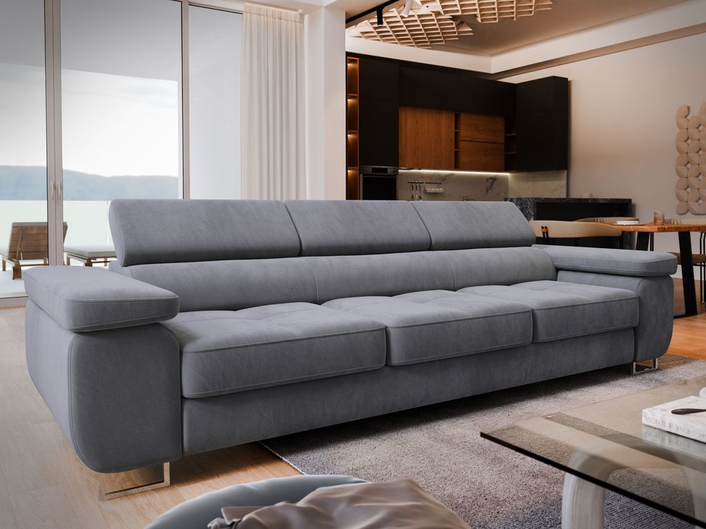 Sofa MOSINE Hellgrau Velours-Stoff mit Schlaffunktion, Wohnzimmersofa, Couch, Soffa, Bettsofa, Couchgarnitur- Hellgrau, MONOLITH 85