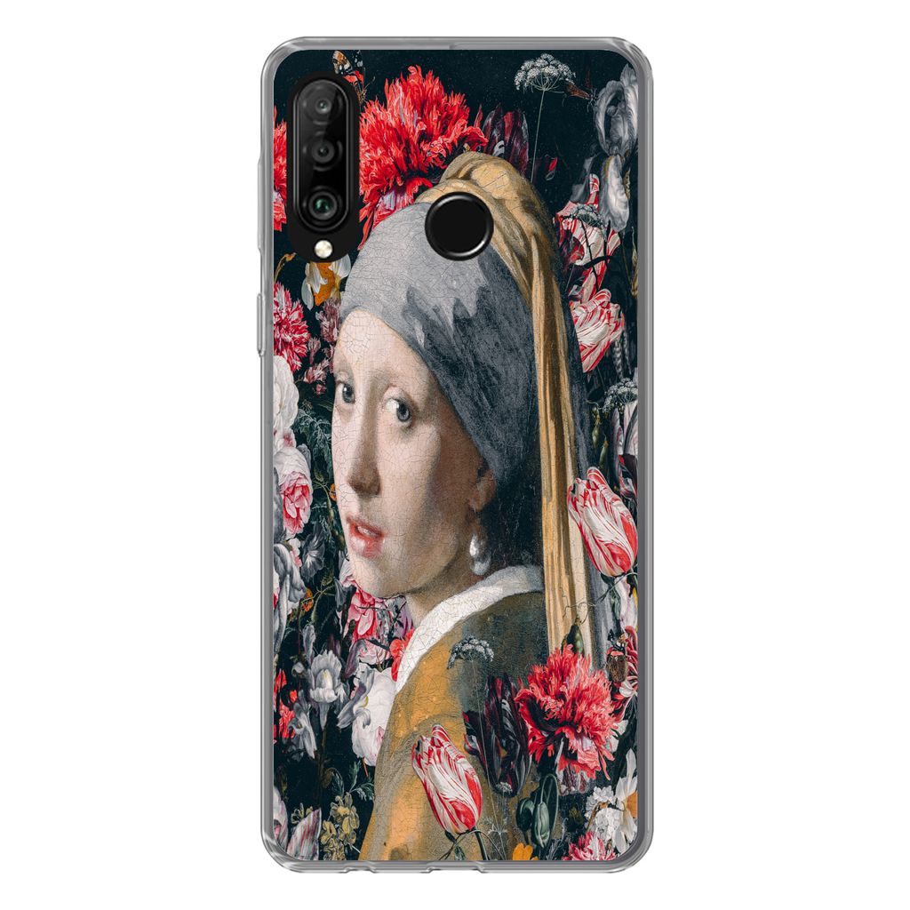 MuchoWow Handyhülle Schutzhülle Hülle für Huawei P30 Lite Das Mädchen mit dem Perlenohrring - Blumen - Vermeer Silikon Softcase Handy Hülle...