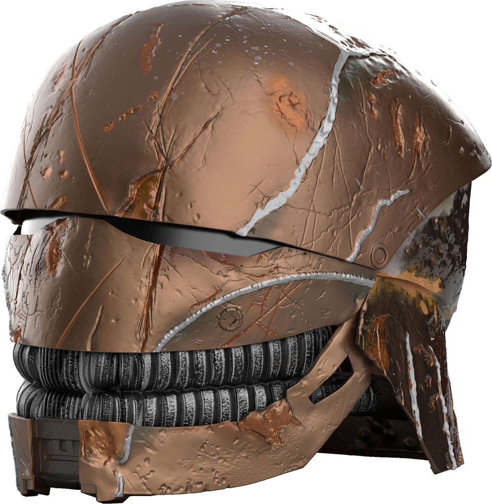 A close-up view of a futuristic helmet.