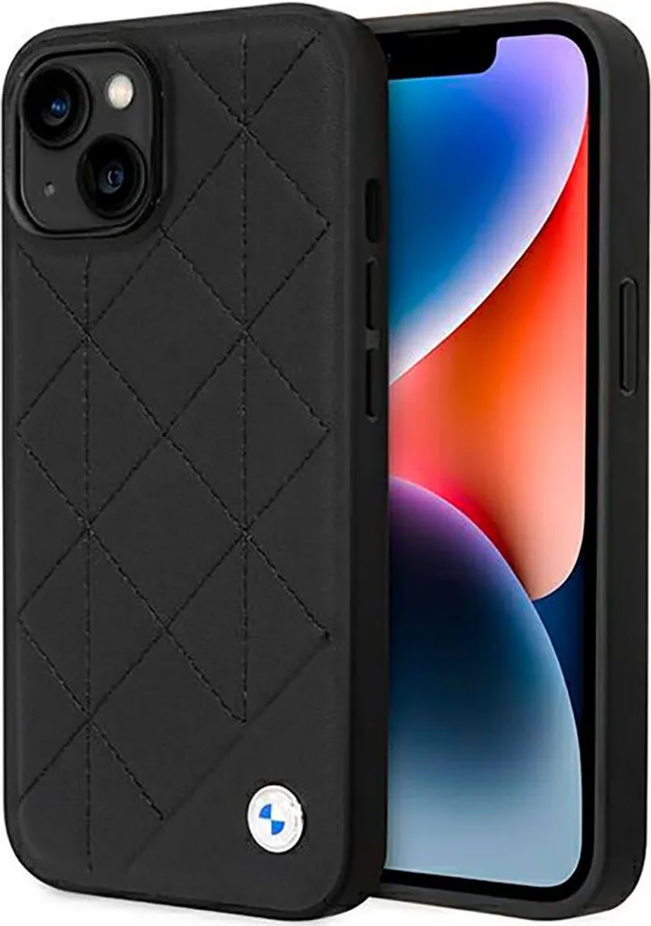 Housse iPhone 14 BMW en cuir noir matelassé avec logo métal - Série M