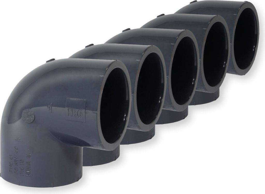 PVC-U Fitting Winkel 90°, Ø 50 mm, mit Klebemuffen 5er-Set
