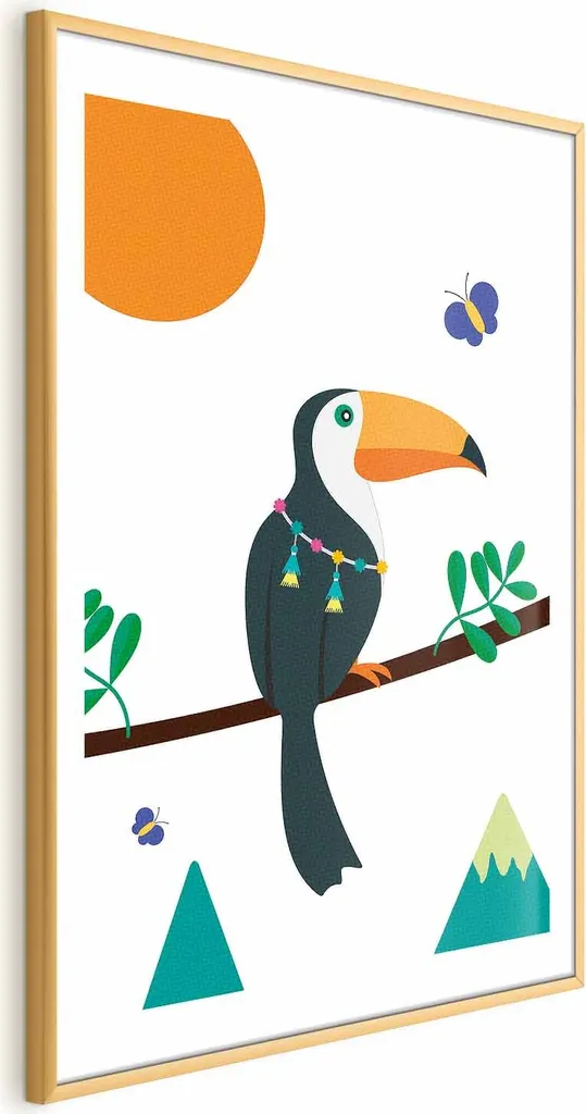 Poster con tucano e farfalle 60x90 cm con cornice dorata con margine
