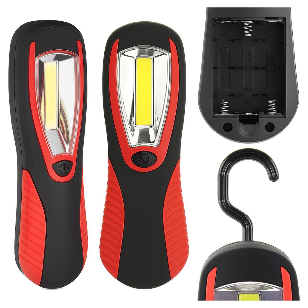 XUDO LED Arbeitsleuchte 1W COB 90lm, Werkstattlampe batteriebetrieben 3xAA, Magnet & Haken für Werkstatt & Camping, Rot-Schwarz