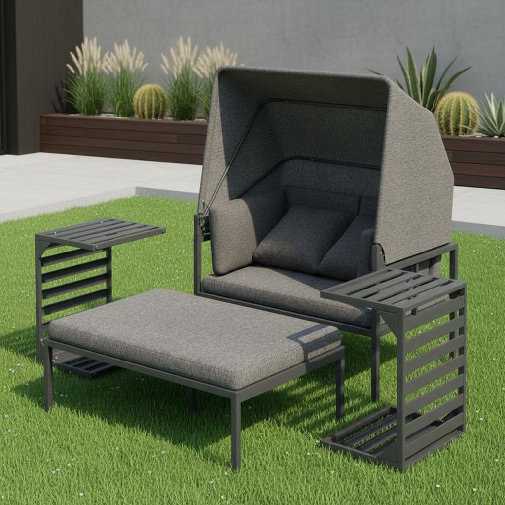 Sonnenliege Aluminium mit Sonnendach – verstellbare Gartenliege, wetterfest