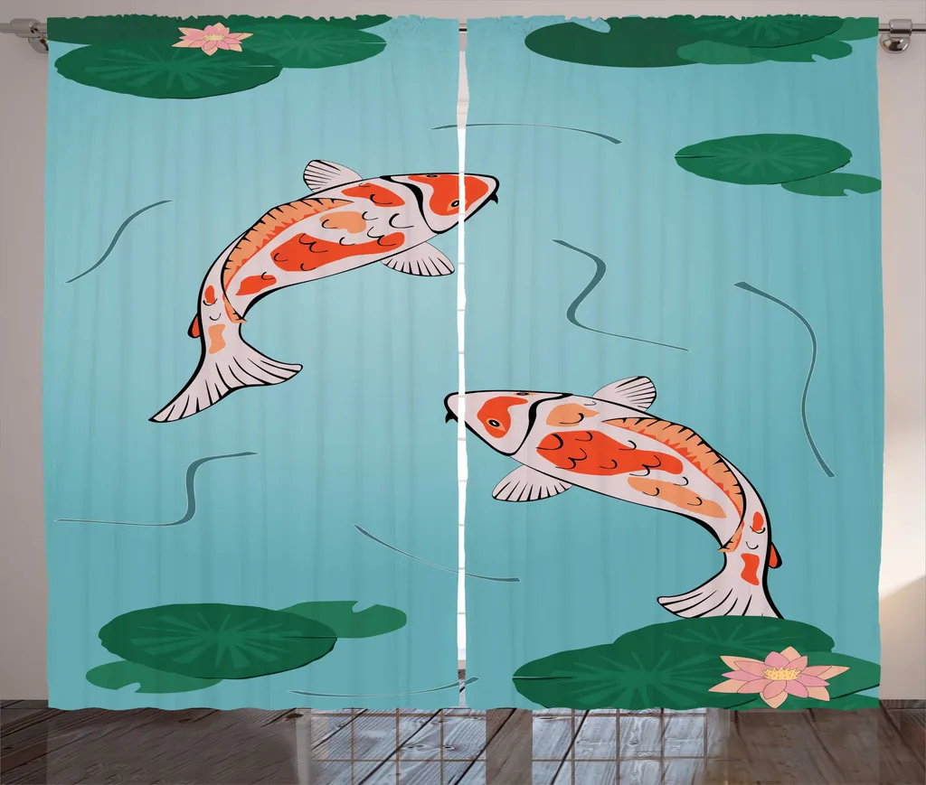 Rideau Japonais Imprimé Carpe Koi avec Crochets et Boucles 280 x 225